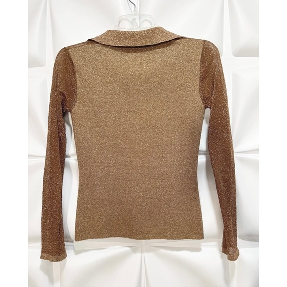 Cache Womens Sz S SILK Metallic Gold Mesh Upper Sweater Knit Blouse Top New Year - Picture 2 of 5